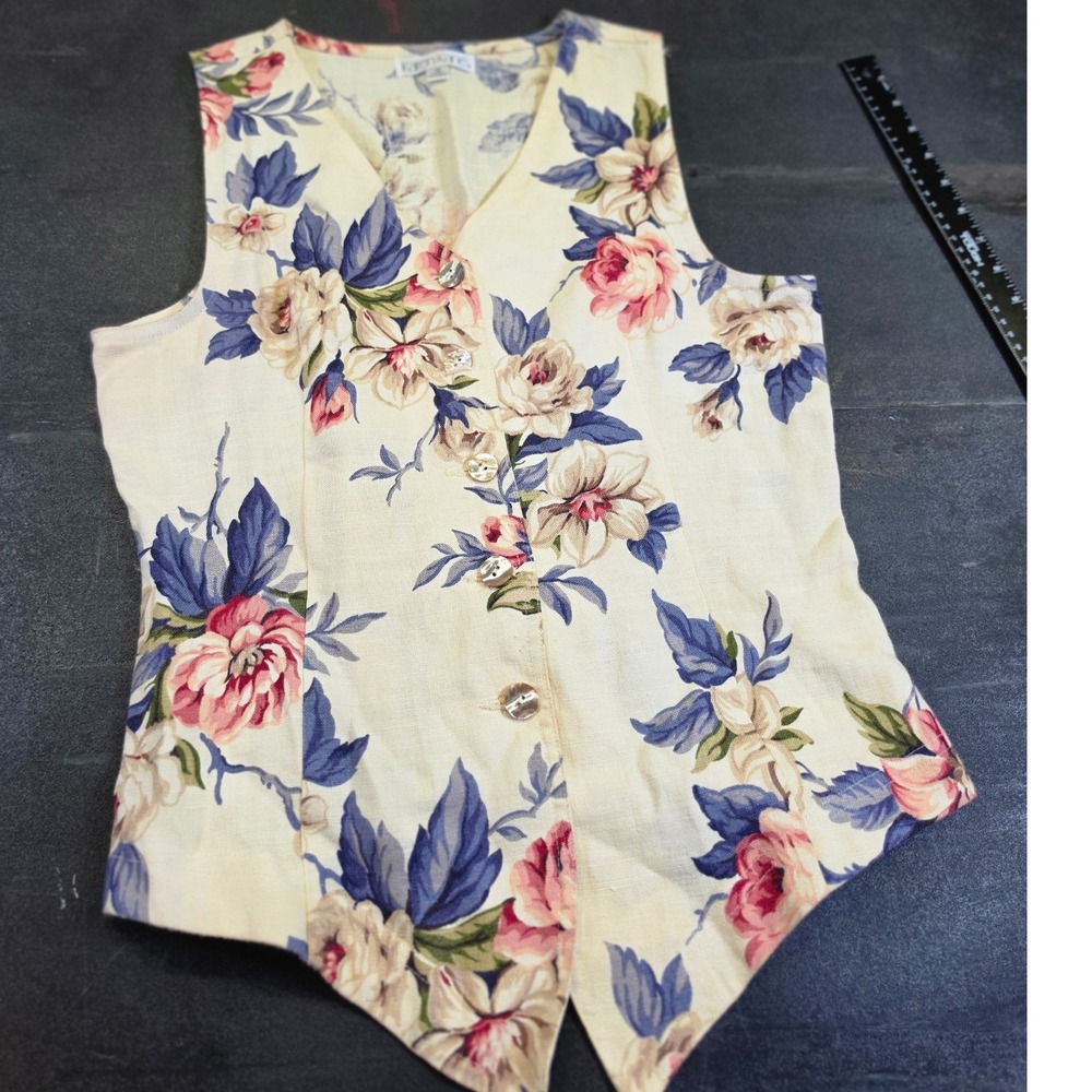 Karen Kane Vintage Floral Button Front Vest Mother of Pearl Size 12 Made in USA